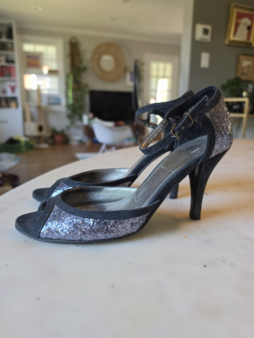 Vintage J. Crew Blue Glitter Peep-Toe Ankle-Strap Heels Size 7.5